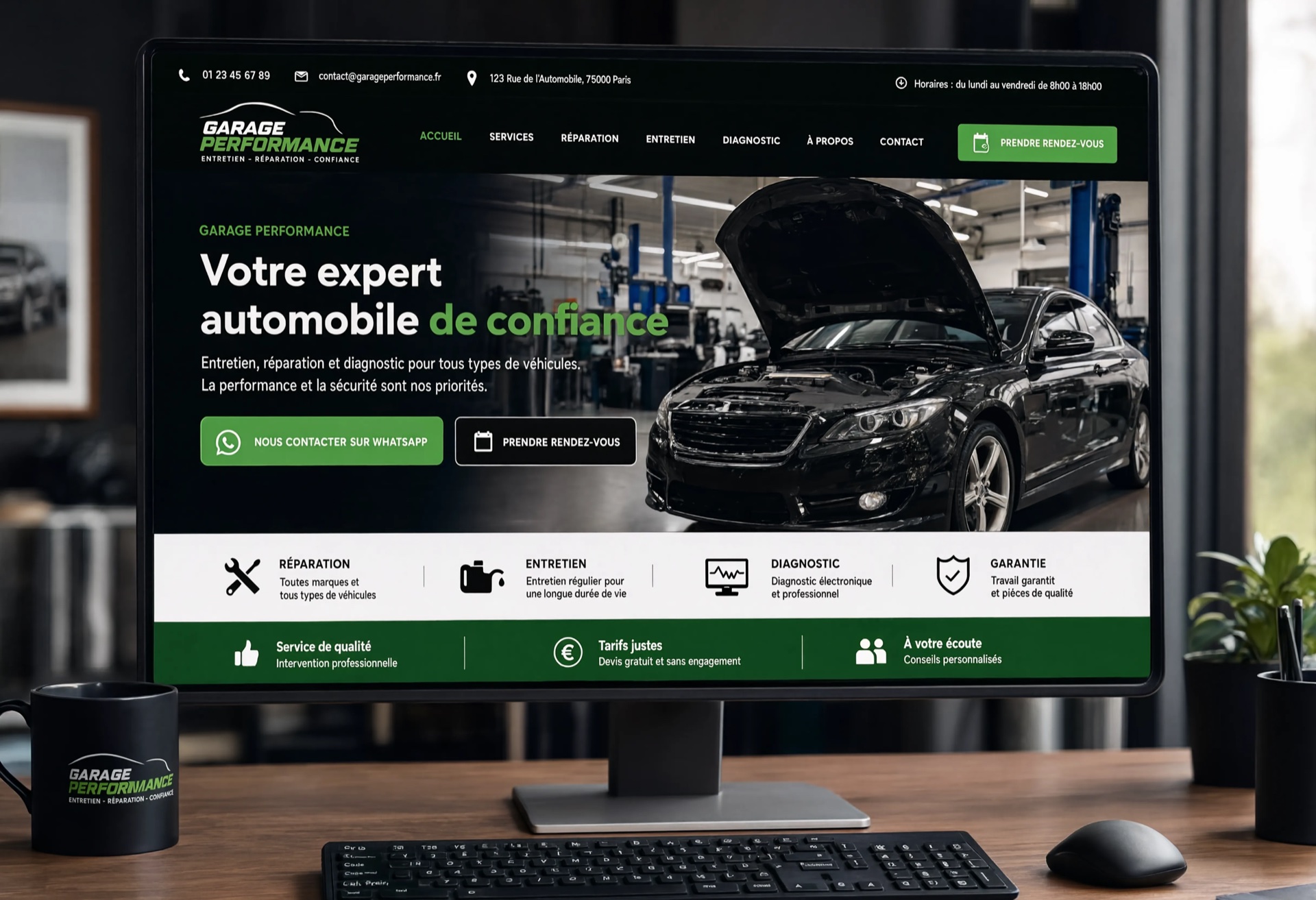 Écran d'ordinateur montrant un site web de garage auto avec bouton WhatsApp et prise de rendez-vous